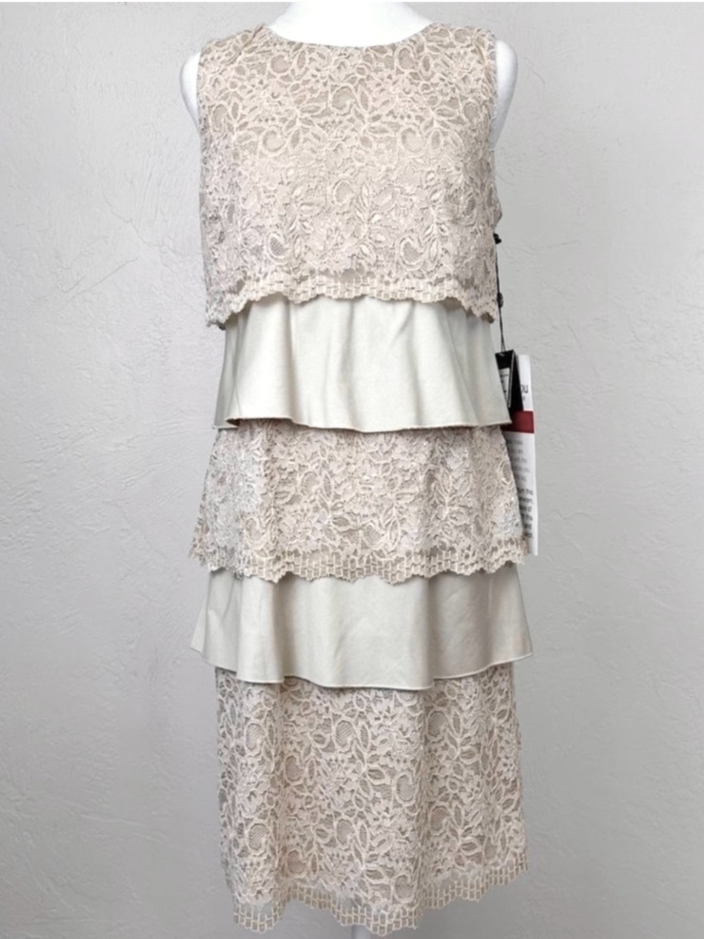 NWT Adrianna Papell Tiered Lace Combo Sleeveless Shift Dress Tan / Nude Size 8
